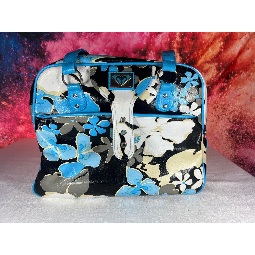 Roxy Y2K Bowling Bag Tropical Floral Blue Black Faux Leather Handbag Vintage